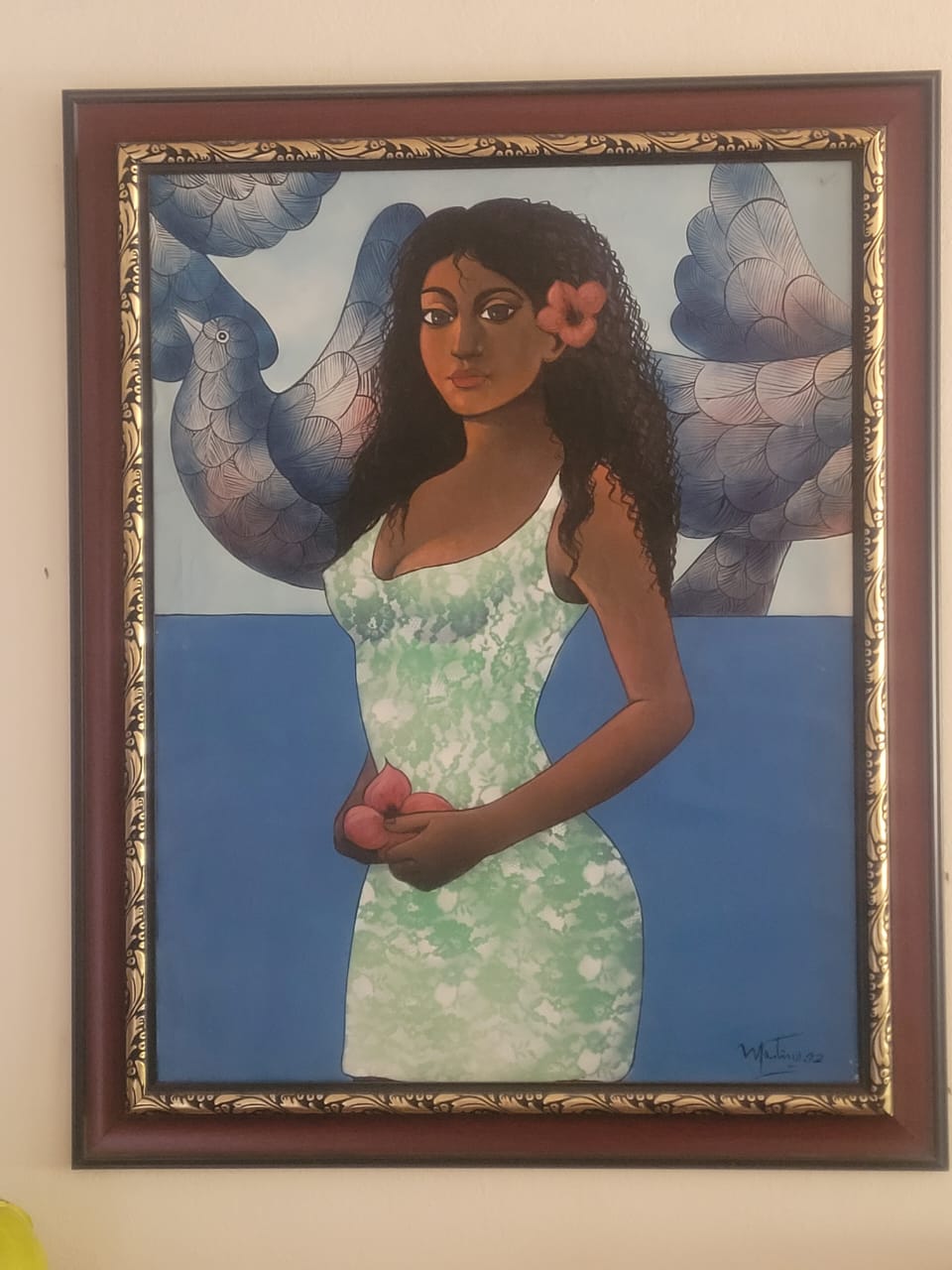 arte y antigüedades - Pintura "Morena con Palomas 1992" Rafael Martinez