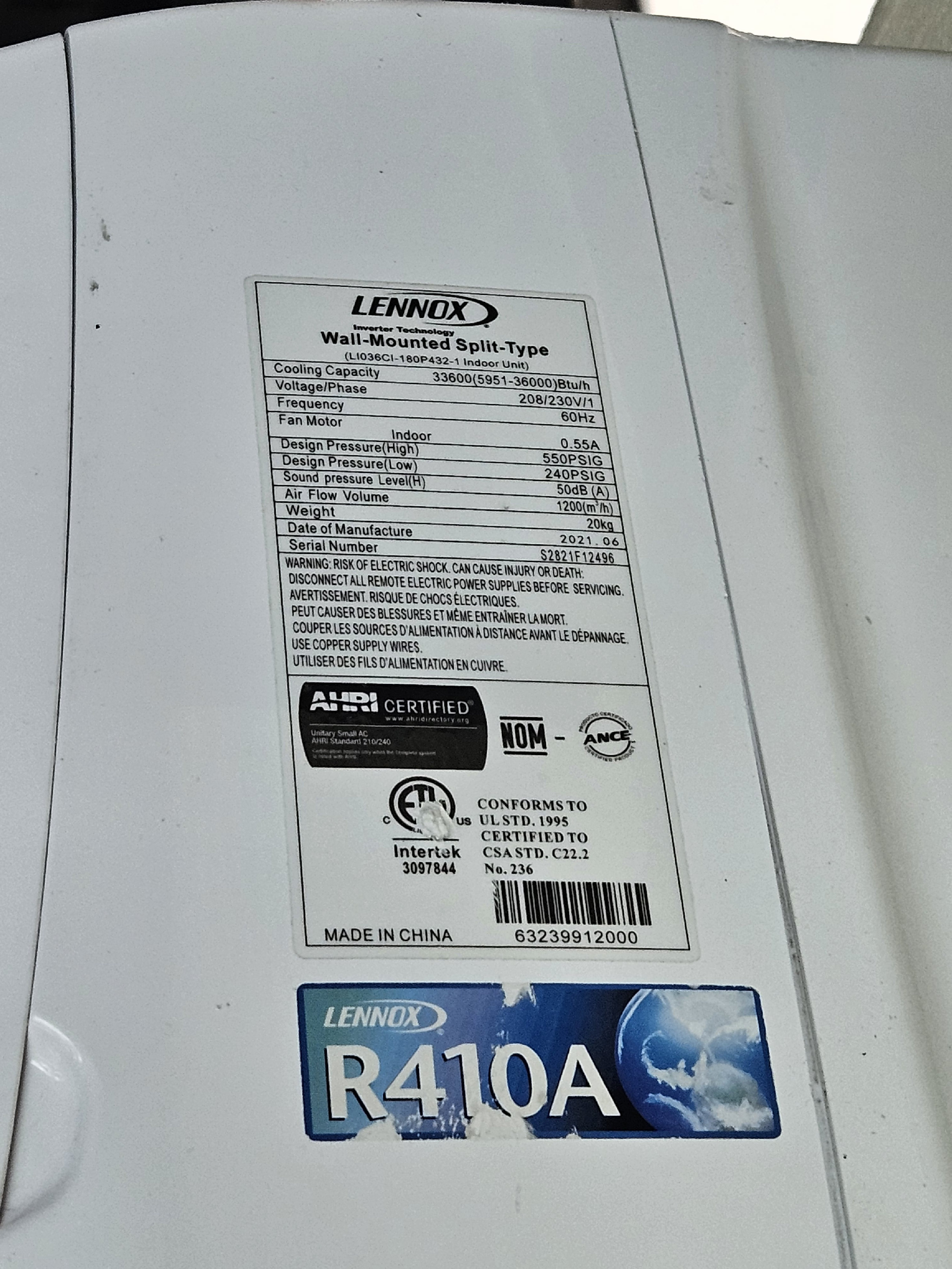aires acondicionados y abanicos - Aire Acondicionado Split Lennox – 36,000 BTU On/Off (220V) 2