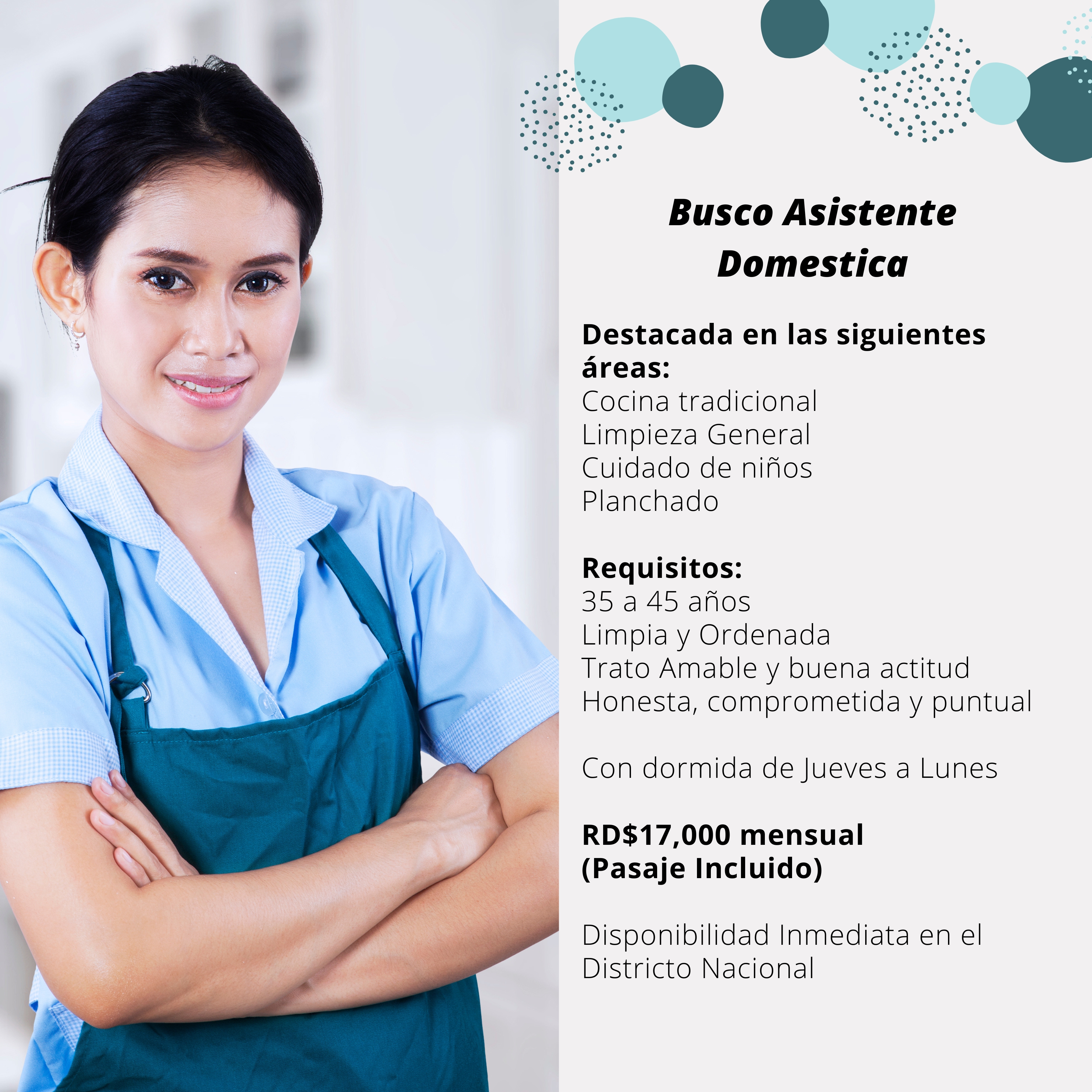 empleos disponibles - BUSCO ASISTENTE DOMÉSTICA  0