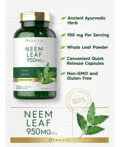 Salud y Equipamiento Médico - Hoja De Neem | 950 Mg | 300 Capsulas En Polvo | Formula Sin 3