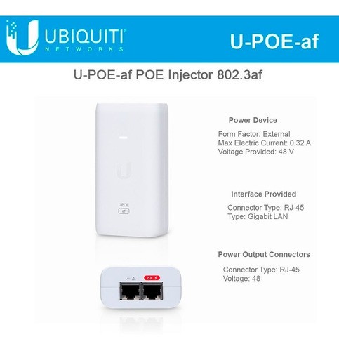 computadoras y laptops - UBIQUITI U-POE-AF POWER OVER ETHERNET INJECTOR - 110 V AC, 220 V AC INPUT - 48 V 1