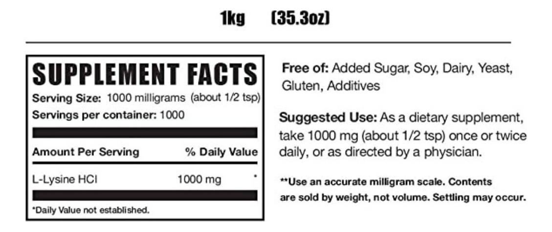 Salud y Equipamiento Médico - L-lisina 1kg - Bulksupplements - Kg - Kg A $245900 1