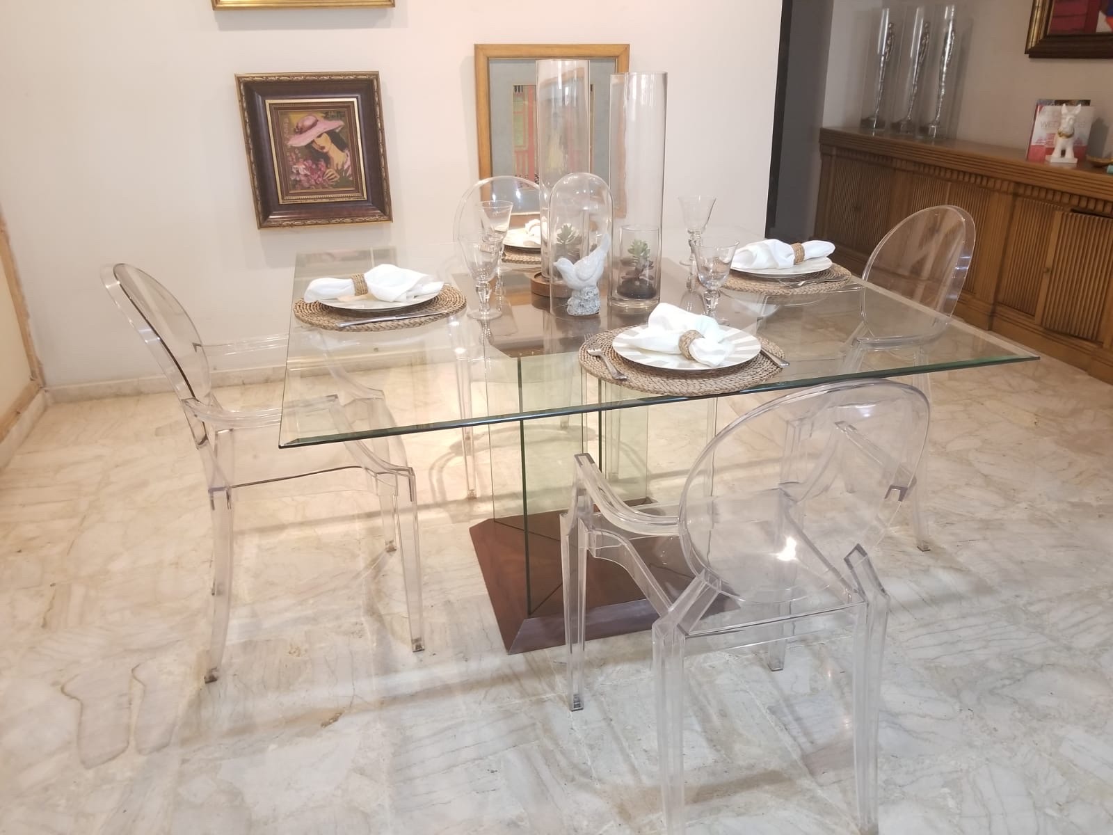 muebles y colchones - Mesa de comedor en Cristal con base de madera (8 a 10 puestos)  0