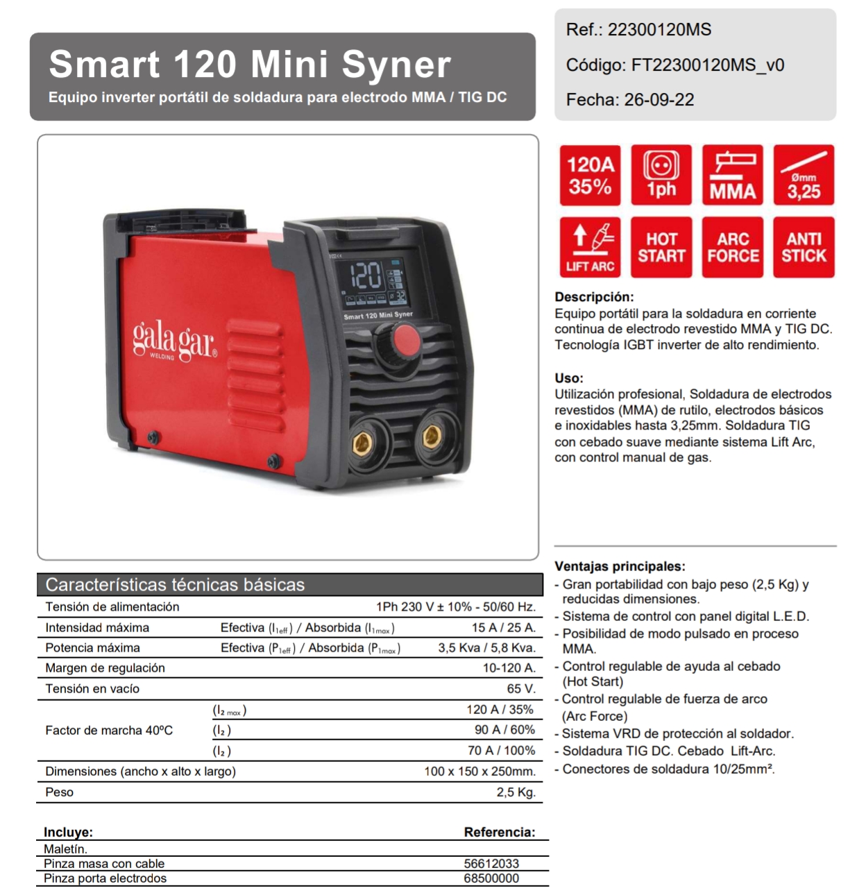 equipos profesionales - Maquina de Soldar Inverter Smart 120 Mini Syner 3