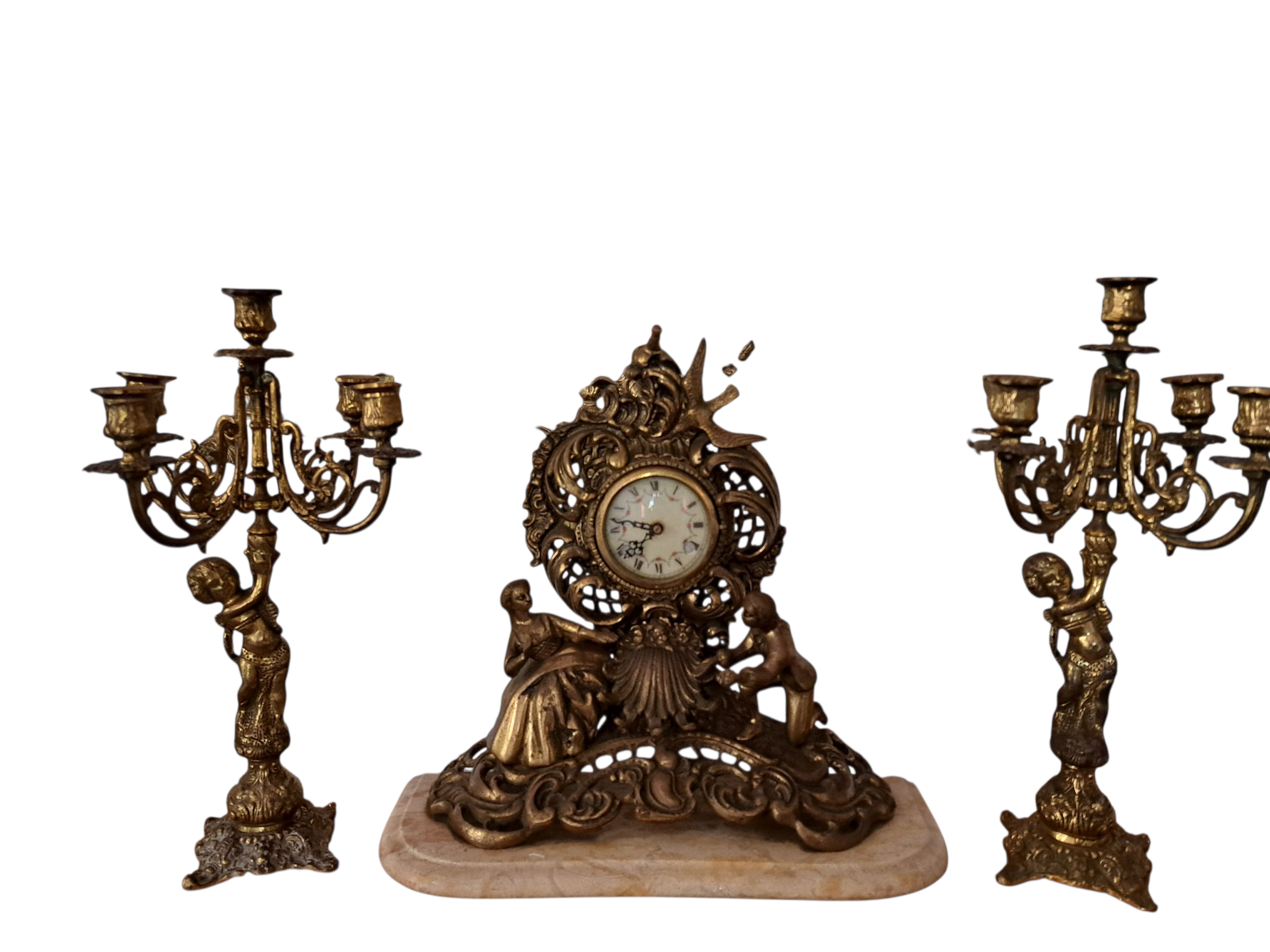 arte y antigüedades - JUEGO DE CANDELABROS Y RELOJ ANTIGUOS DE BRONCE Y  0