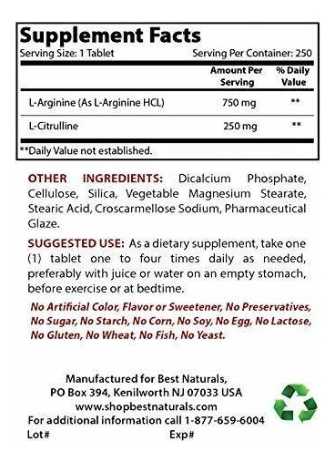 Salud y Equipamiento Médico - Best Naturals L-arginine L-citruline Complex Tabletas, 250 U 1