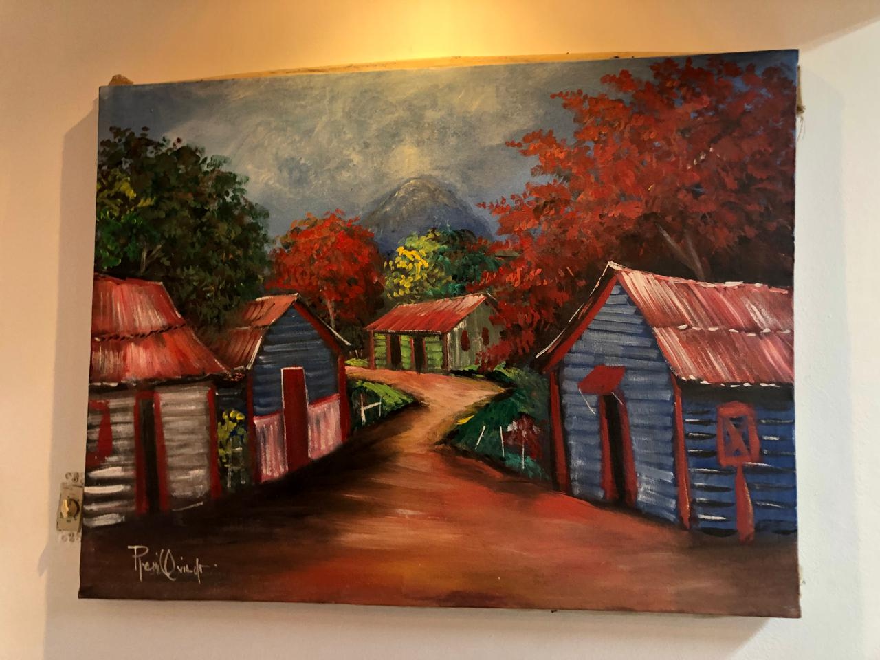 arte y antigüedades - cuadro de casitas de campos dominicanos