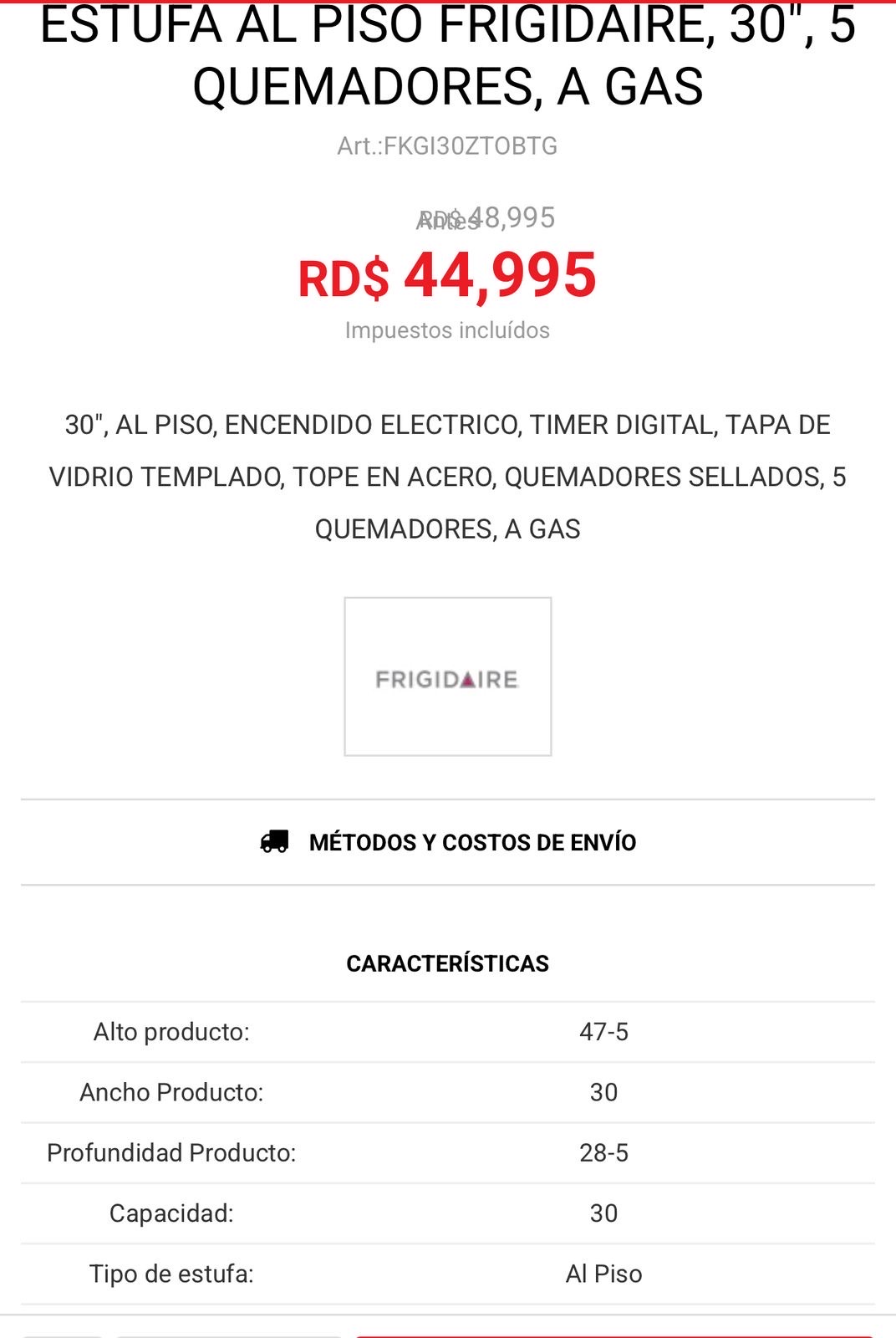 electrodomesticos - ESTUFA AL PISO FRIGIDAIRE, 30" QUEMADORES, A GAS