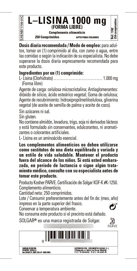 Salud y Equipamiento Médico - L Lisina 1000 Mg, Solgar Piel Y Labios 250 Tabletas 5
