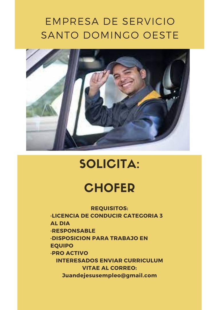 empleos disponibles - Empresa de servicio en Santo Domingo Oeste solicita Chofer  Categoria 3 0