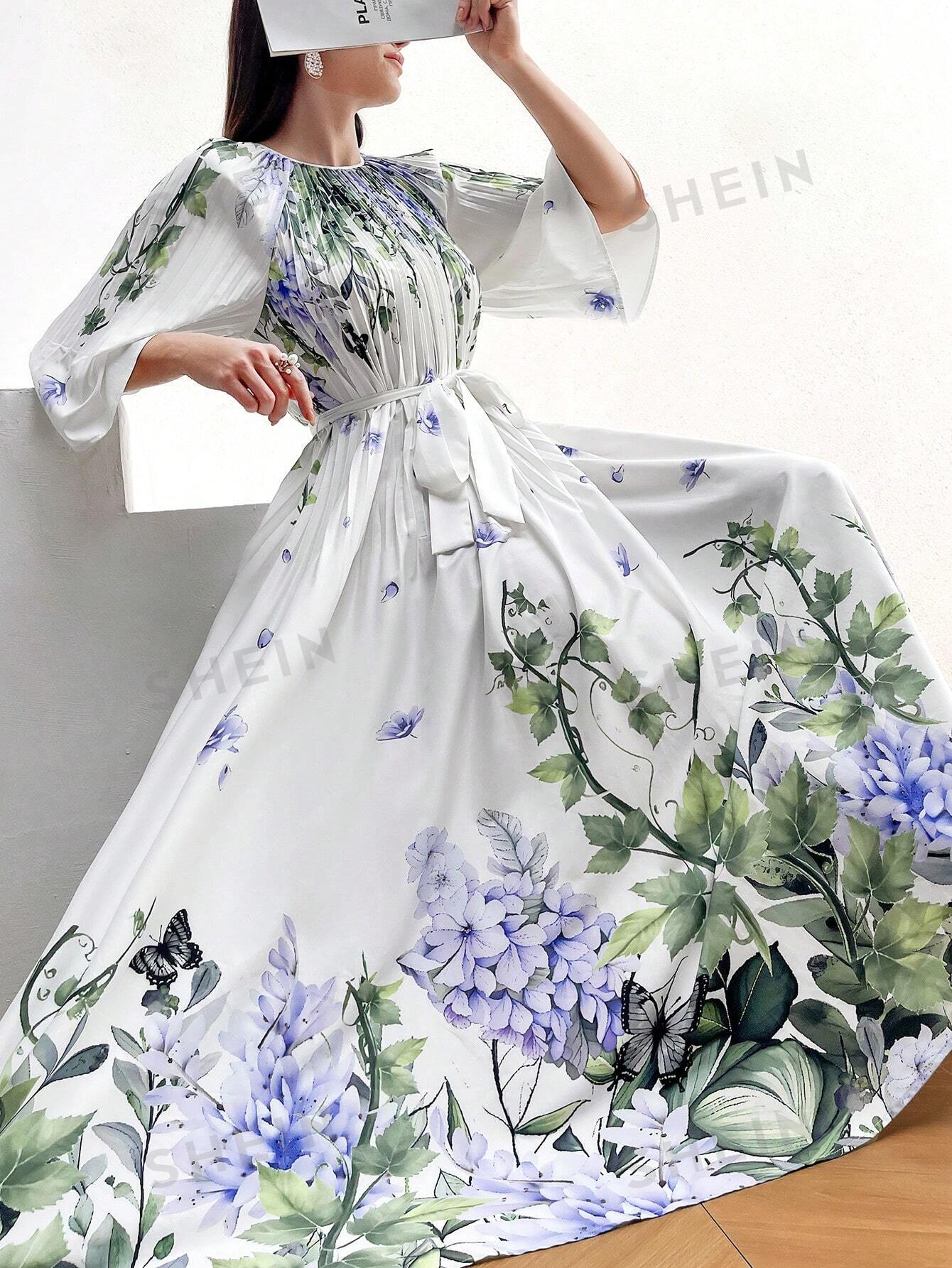 ropa para mujer - Vestido Plisado De Cintura Con Cuello Redondo 1