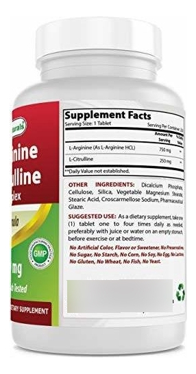 Salud y Equipamiento Médico - Best Naturals L-arginine L-citruline Complex Tabletas, 250 U 4