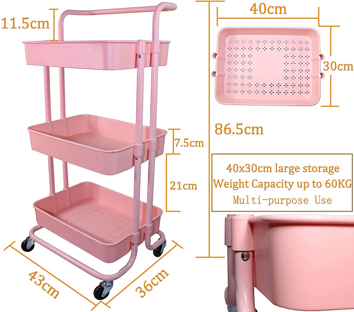 decoración y accesorios - Carrito con ruedas de 3 bandejas ideal cocina maquilladoras carro  organizador 7