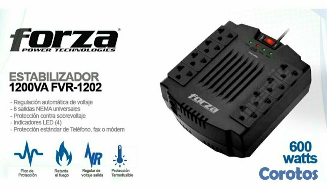 computadoras y laptops - REGULADOR DE VOLTAJE FORZA 1200VA, REGLETA 8XTOMAS + 2 PUERTOS USB 110V/600W/320