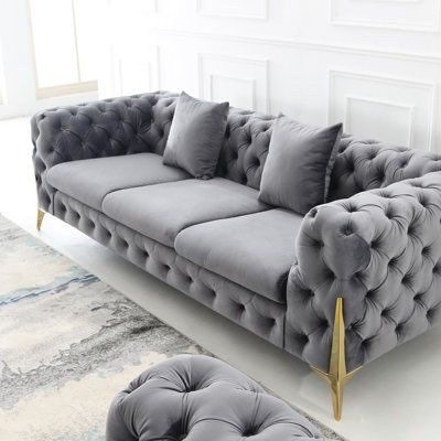 muebles y colchones - Sofá de Terciopelo Gris – Estilo Elegante y Moderno. Velvet Sofa By Everly Quinn 8