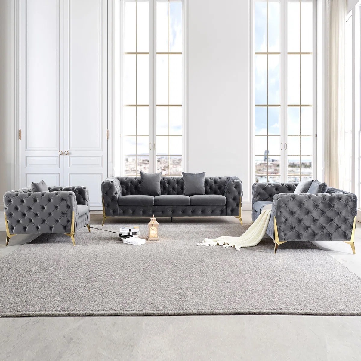 muebles y colchones - Sofá de Terciopelo Gris – Estilo Elegante y Moderno. Velvet Sofa By Everly Quinn 9