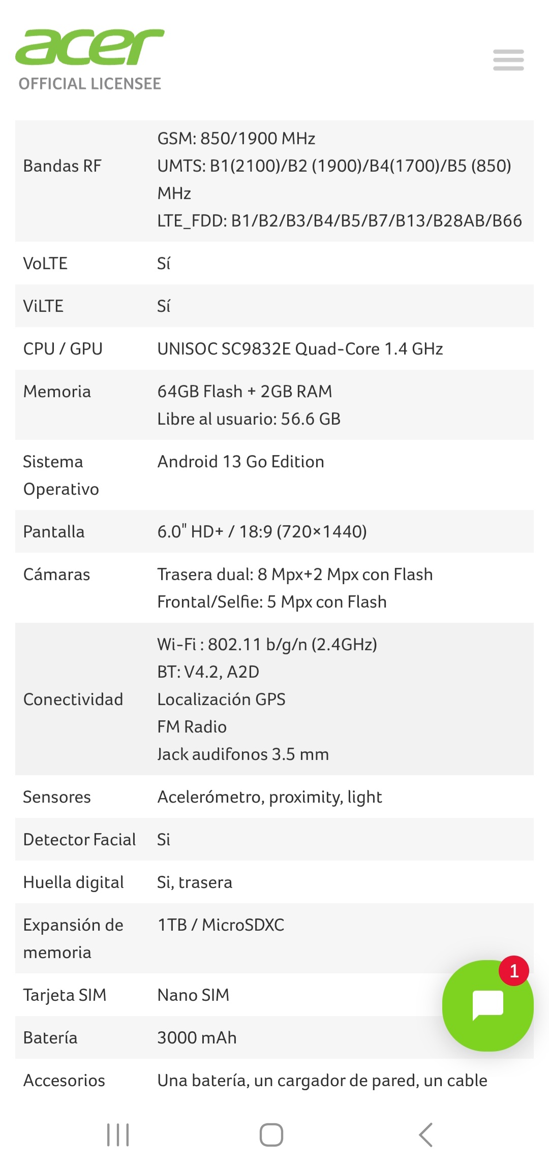 celulares y tabletas - Celular nuevo Acer modelo sospiro a60 L 1