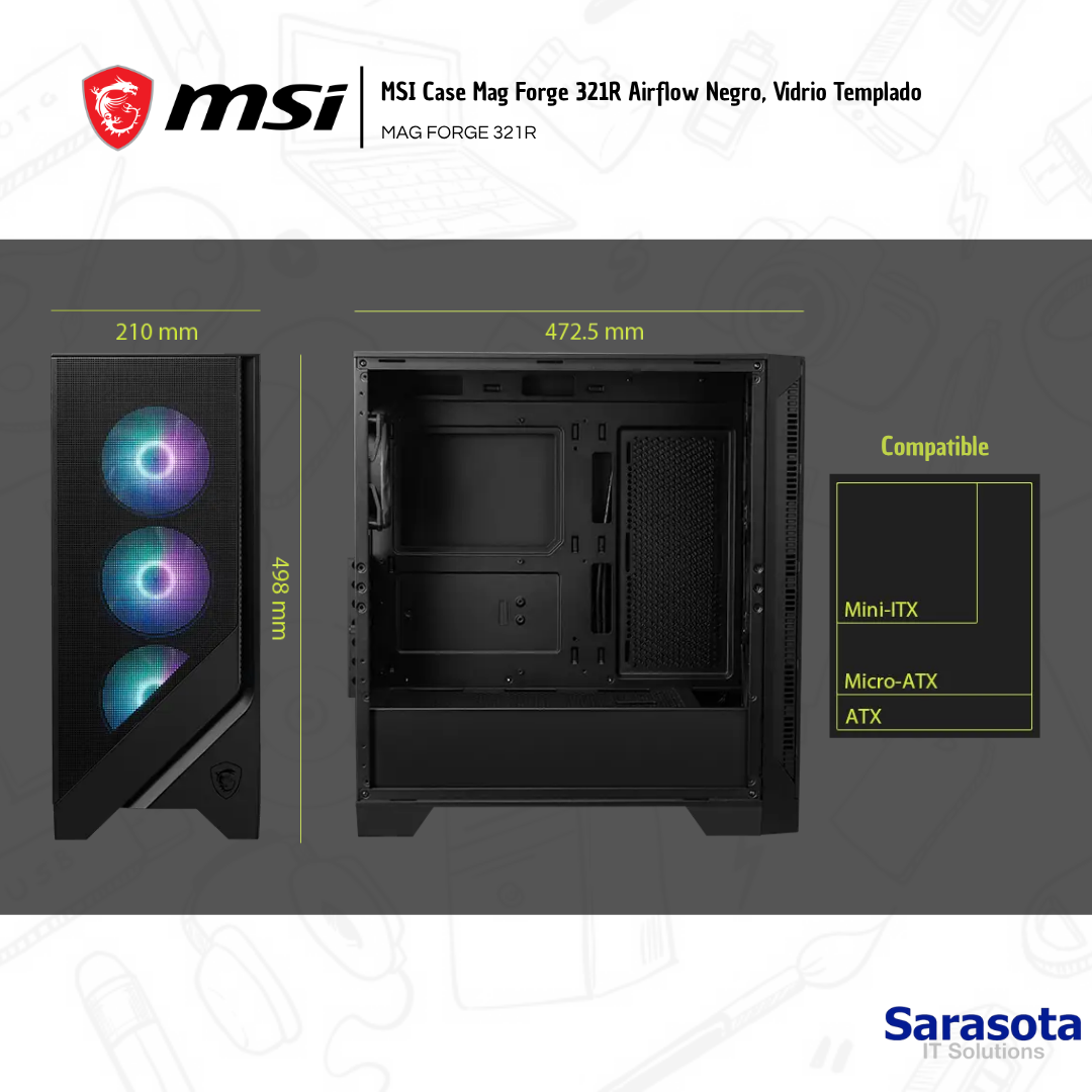 accesorios para electronica - MSI Case Mag Forge 321R Airflow Negro, Vidrio Temp 1
