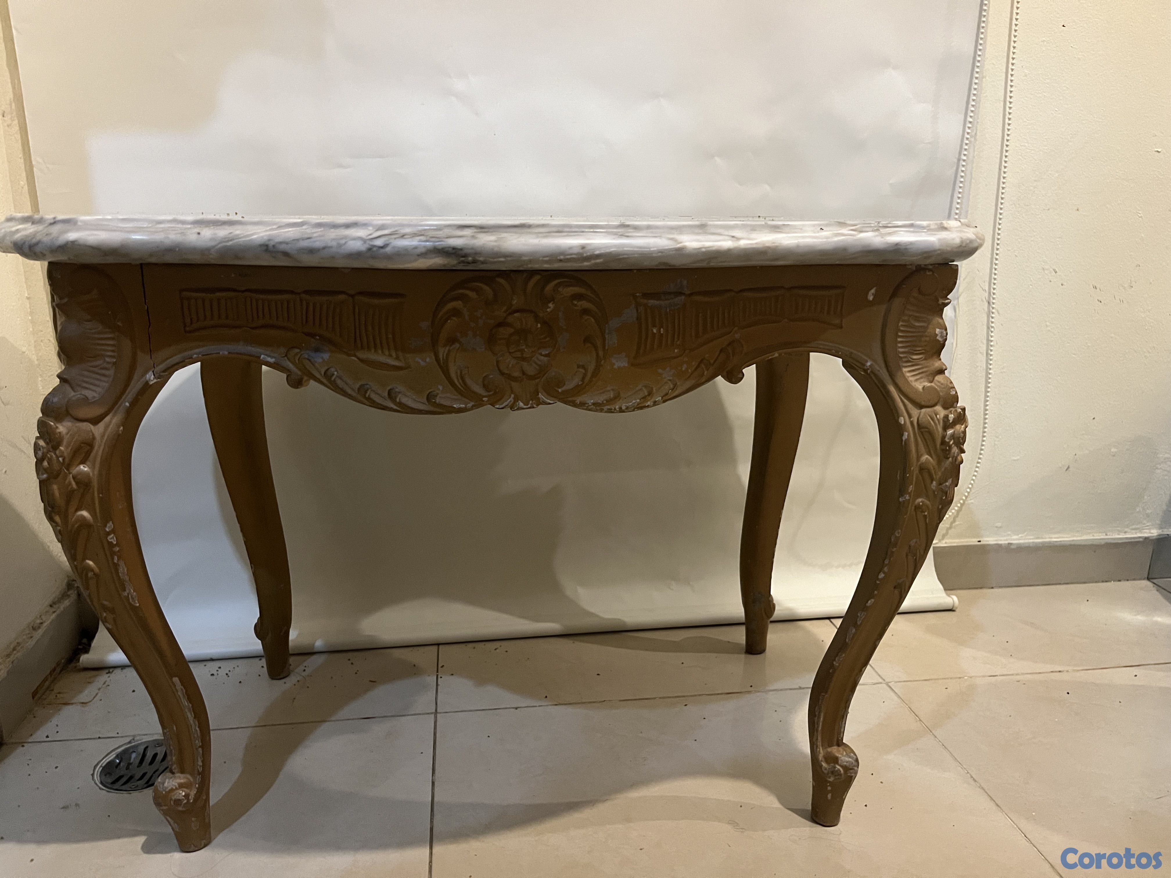 arte y antigüedades - Centro de mesa en madera antique con tope mármol  1