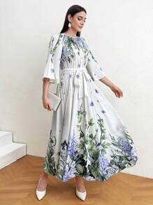 ropa para mujer - Vestido Plisado De Cintura Con Cuello Redondo 2