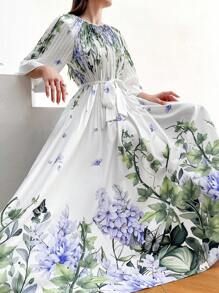 ropa para mujer - Vestido Plisado De Cintura Con Cuello Redondo 3