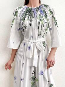 ropa para mujer - Vestido Plisado De Cintura Con Cuello Redondo 4