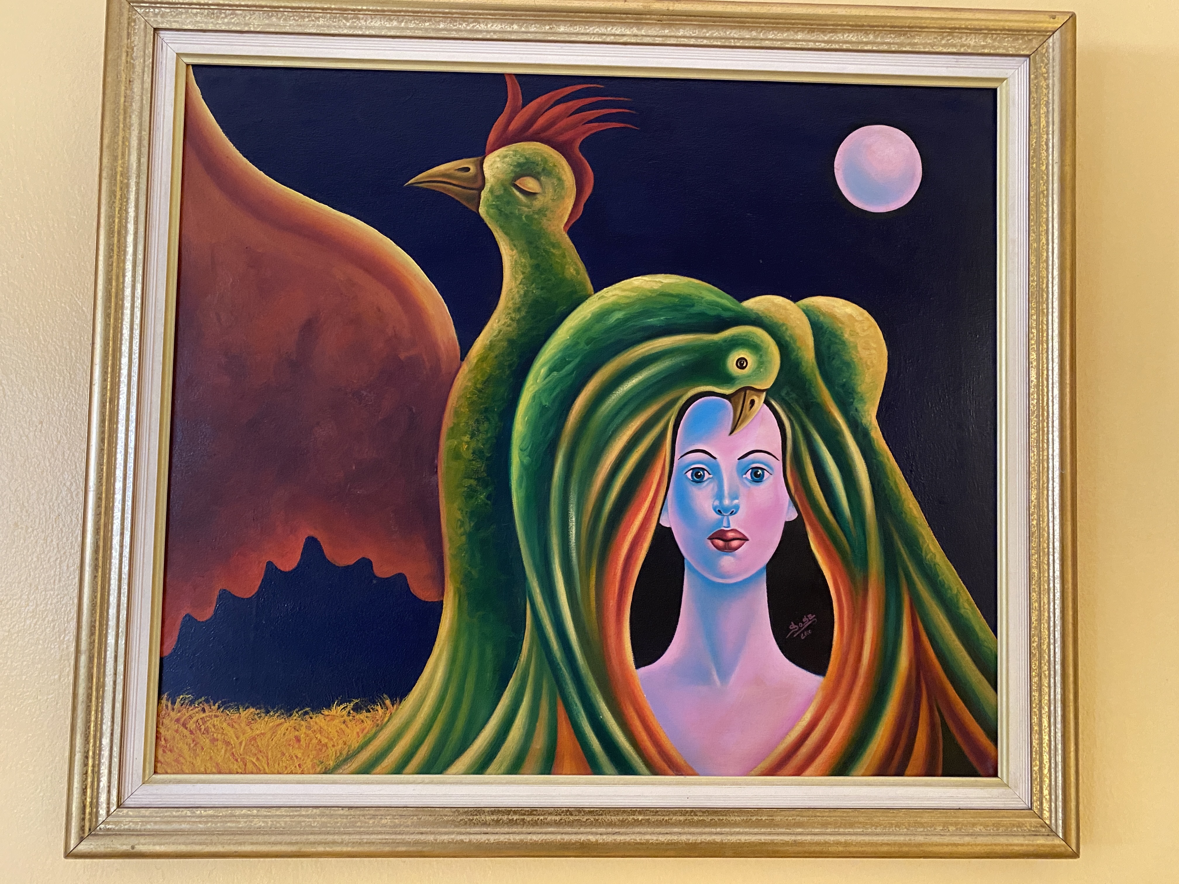 arte y antigüedades - Cuadro/Pintura Mujer con Pájaros por Sosa 2