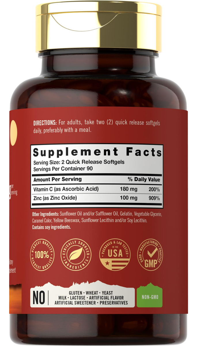 Salud y Equipamiento Médico - Suplemento De Zinc 100mg Con Vitamina C 180 capsulas Carlyle 1