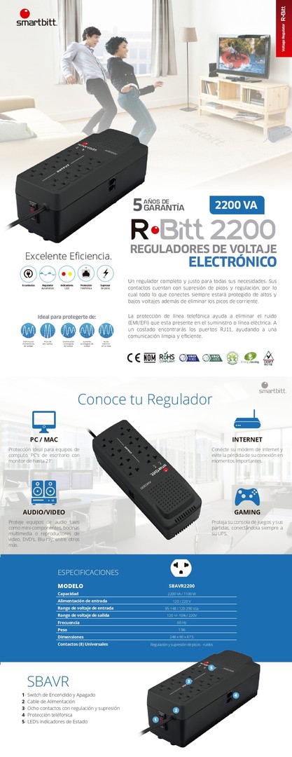 computadoras y laptops - REGULADO DE VOLTAJESMARTBITT 2200VA/1100W,CON 8 SALIDAS ALTA CALIDAD   2