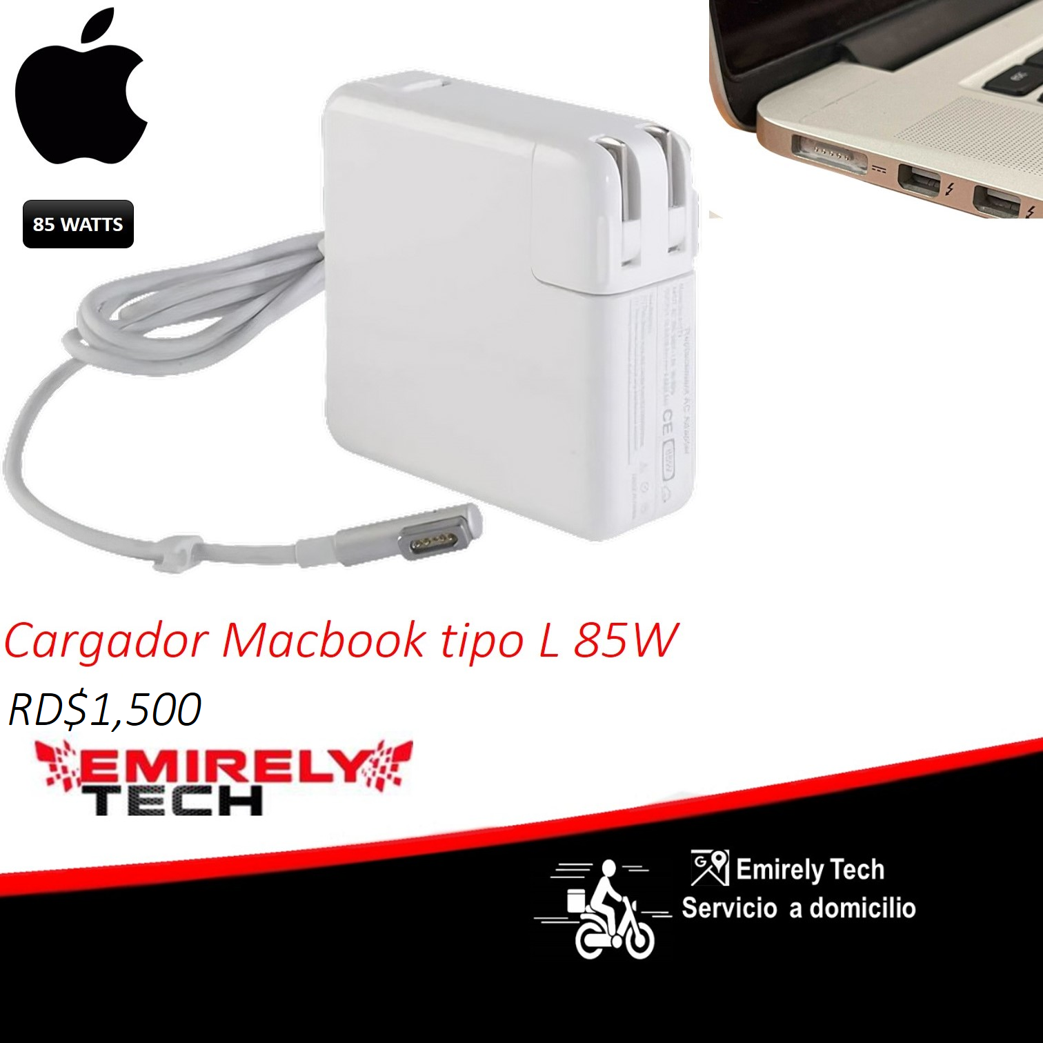 equipos profesionales - Cargador para Macbook Tipo L Apple de 85 Watts 1