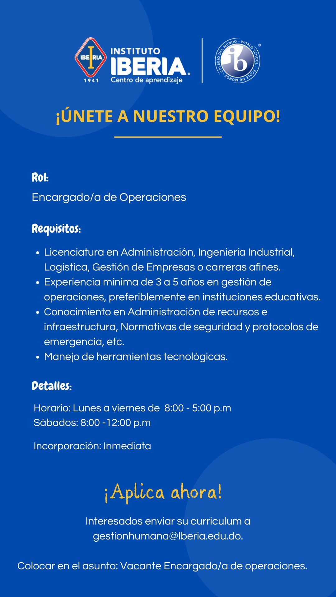 empleos disponibles - Encargado de Operaciones