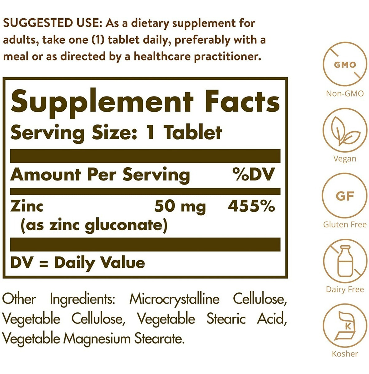 Salud y Equipamiento Médico - Zinc 50 Mg Piel Y Vision Saludable 100 Tabletas Solgar 1