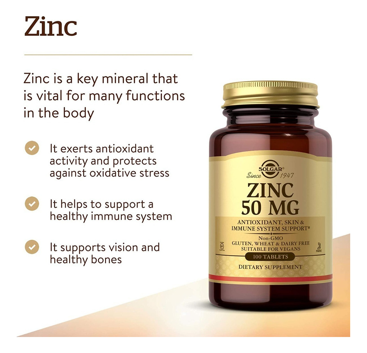 Salud y Equipamiento Médico - Zinc 50 Mg Piel Y Vision Saludable 100 Tabletas Solgar 3
