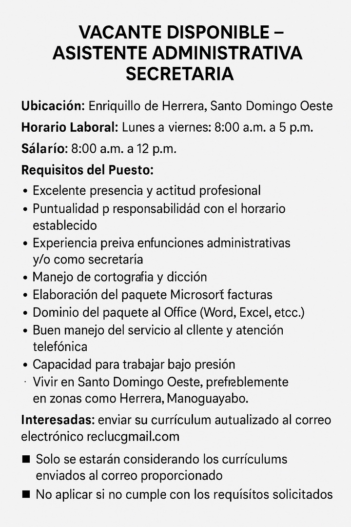empleos disponibles - Se busca Secretaria  Administrativa 