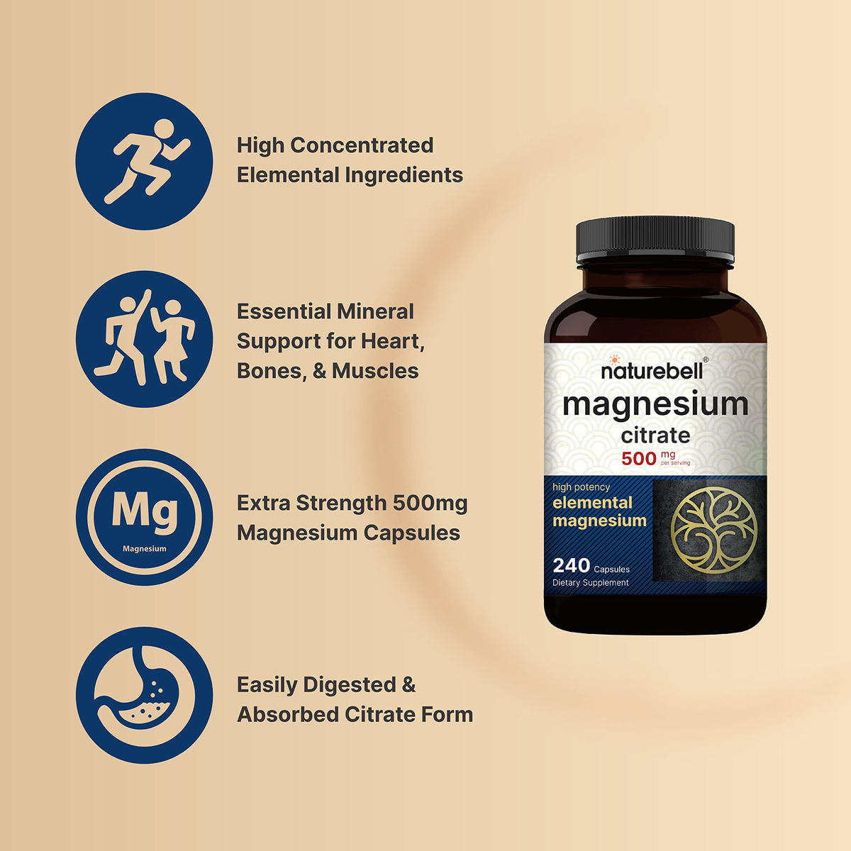 Salud y Equipamiento Médico - Citrato De Magnesio 500mg 240 Cap Naturebell 2