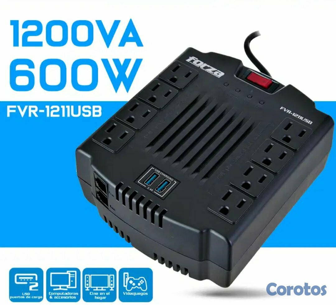 computadoras y laptops - REGULADOR DE VOLTAJE FORZA 1200VA, REGLETA 8 SALIDAS + 2 PUERTOS USB 110V/600W/3