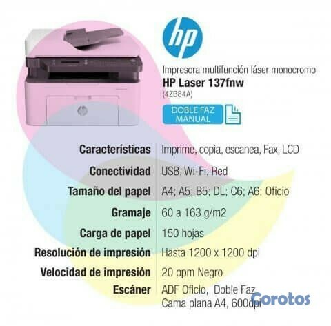 impresoras y scanners - MULTIFUNCIONAL HP LASERJET PRO MFP M137FNW COPIA,IMPRIME,SCANER, Wi-Fi 6