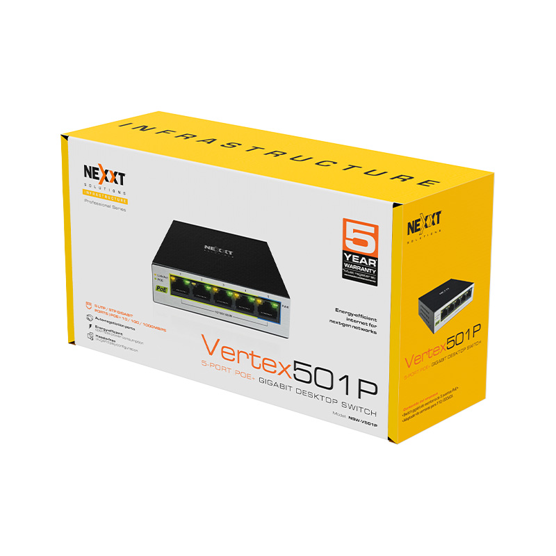 accesorios para electronica - SWITCH NEXXT  5 PUERTOS POE+ GIGABIT, 65W MAX 1