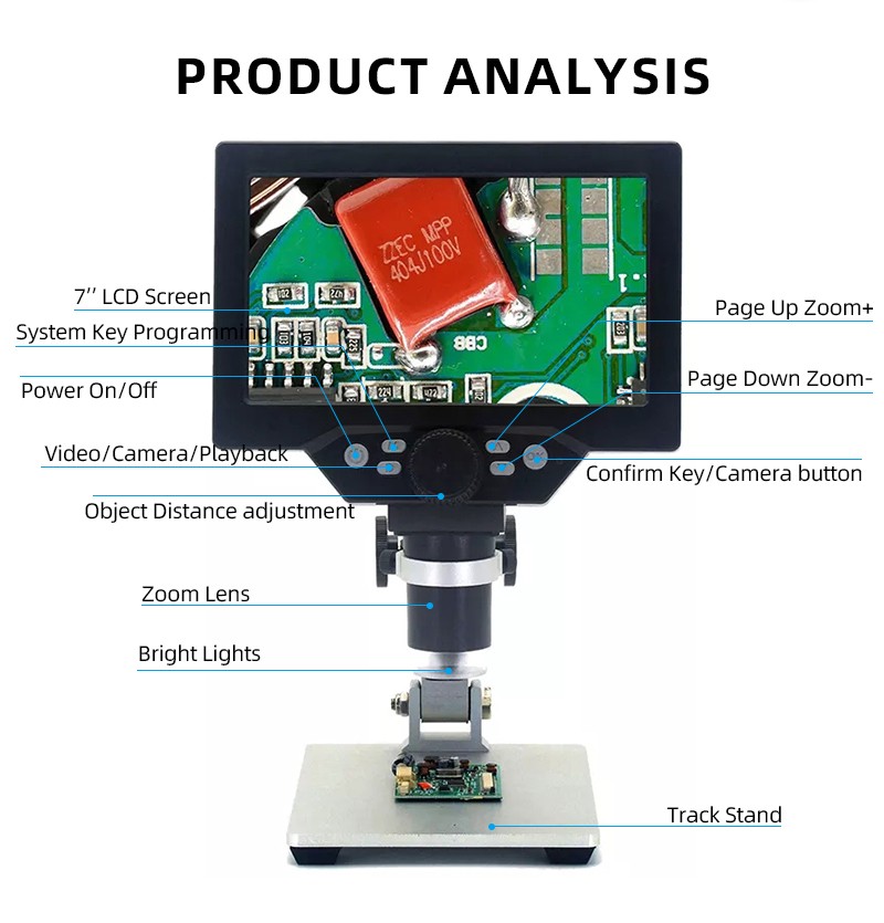 equipos profesionales - Microscopio USB digital con pantalla 7 pulgadas 1200X HD soporte ajustable 4