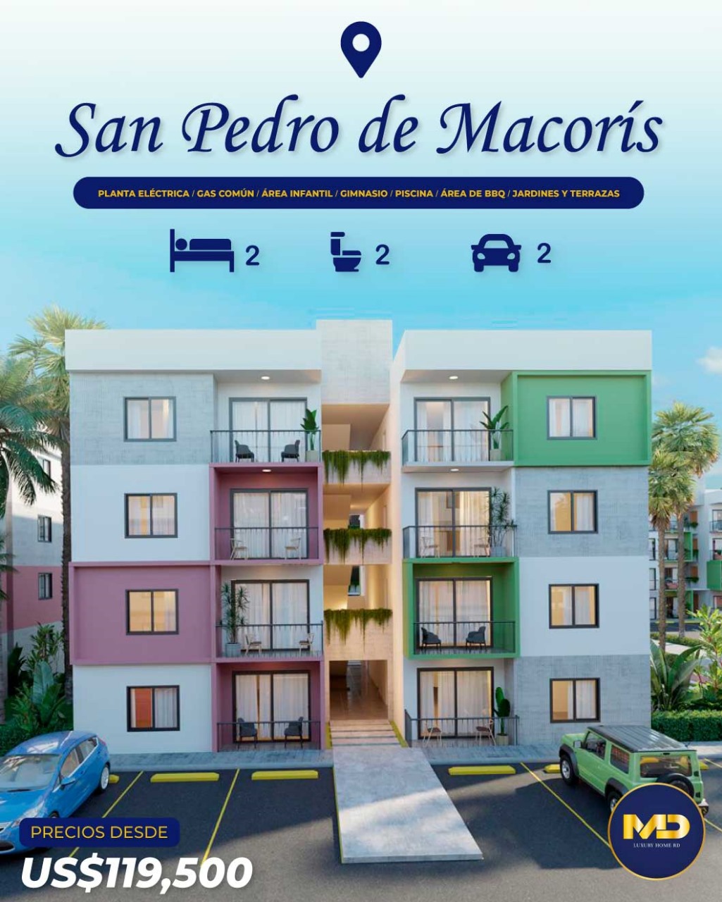 apartamentos - APARTAMENTO EN PLANOS| 2HB/2BÑ/2Pq| HERMOSA VISTA|CERCA DE LA PLAYA| US$119,500 
