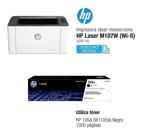 impresoras y scanners - IMPRESORA HP LASERJET 107W (4ZB78A)- WIRELESS PRINTER - Blanco y negro  2