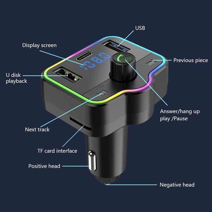 accesorios para vehiculos - Transmisor FM  Bluetooth para radio de carro más cargador USB y Tipo C  1
