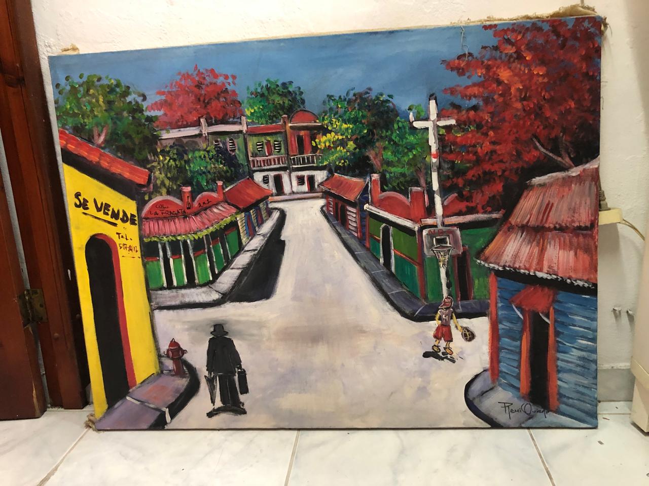 arte y antigüedades - Hermoso cuadro de un barrio rural 0