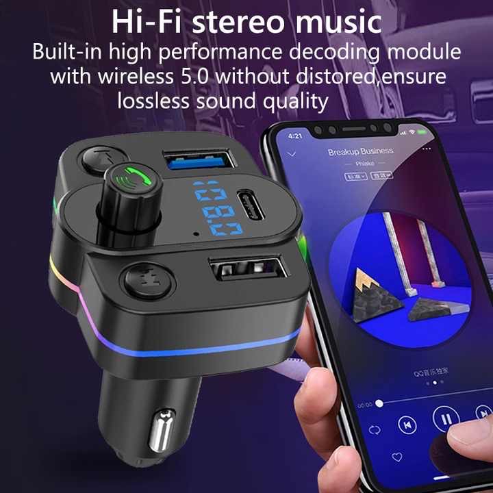 accesorios para vehiculos - Transmisor FM  Bluetooth para radio de carro más cargador USB y Tipo C  2