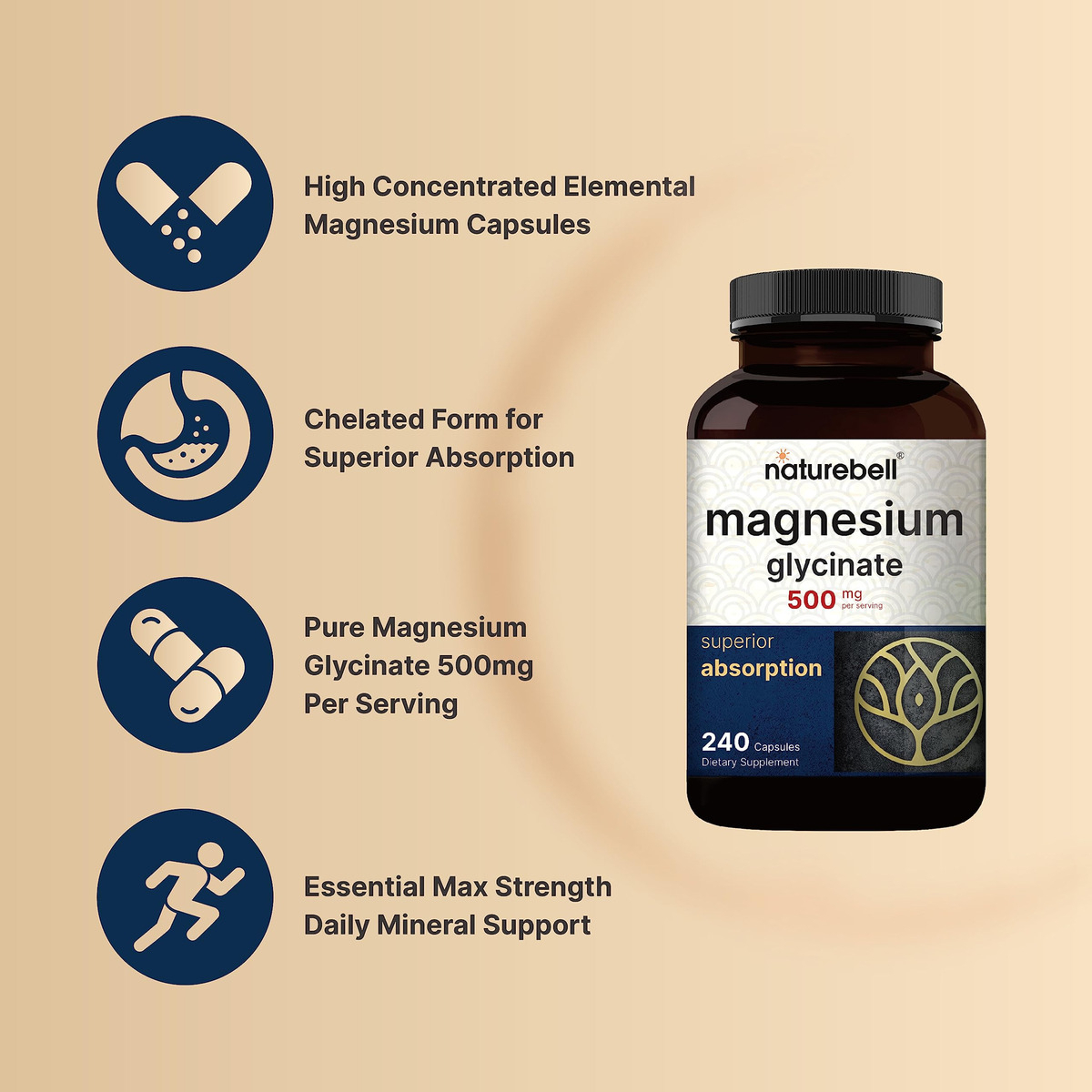 Salud y Equipamiento Médico - Glicinato De Magnesio 500mg 240cap Naturebell 2