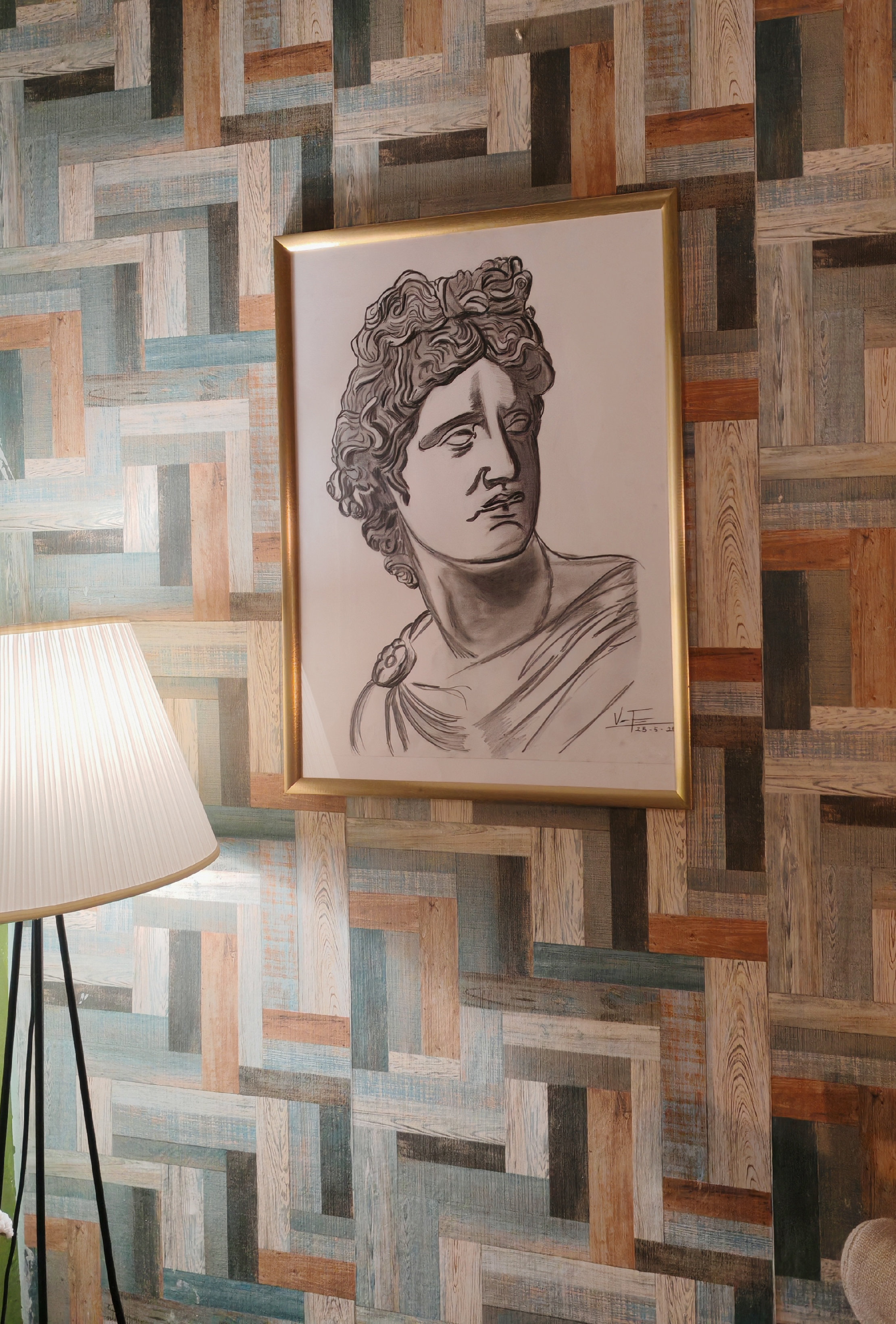 decoración y accesorios - Dibujo a lápiz de Apollo. Incluye marco dorado  2