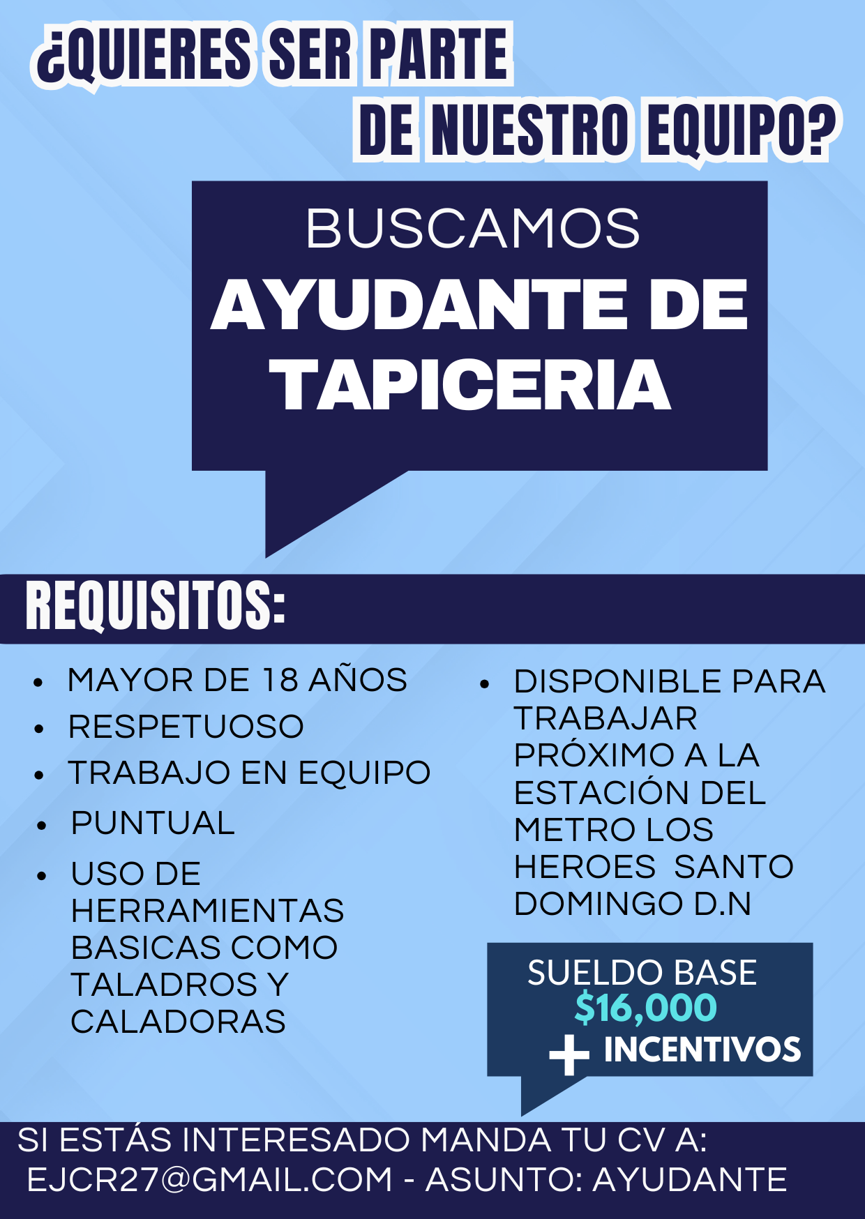 empleos disponibles - BUSCAMOS AYUDANTE DE TAPICERIA 0