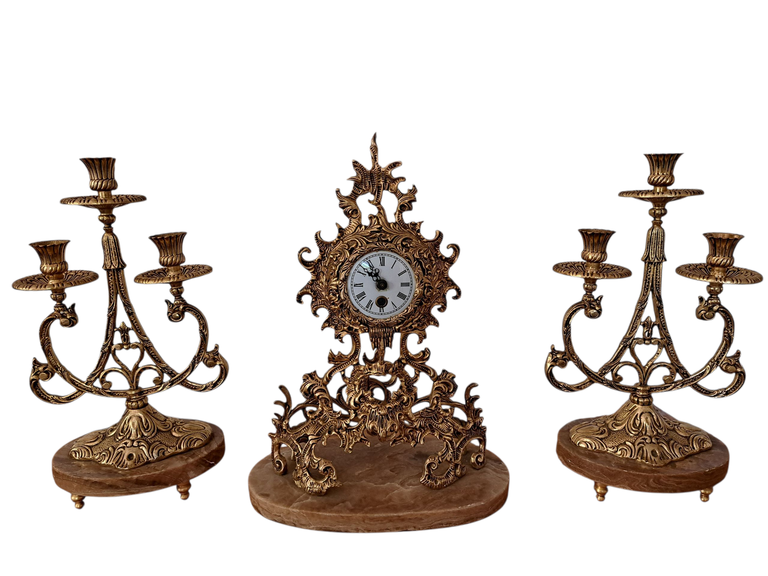 arte y antigüedades - JUEGO DE CANDELABROS CON RELOJ DE BRONCE Y Marmol