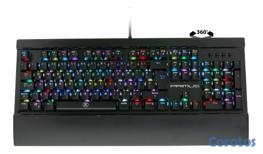 computadoras y laptops - TECLADO PRIMUS GAMING, USB, CON ILUMINACION RGB CONFIGURABLE, REPOSO PARA MUÑECA
