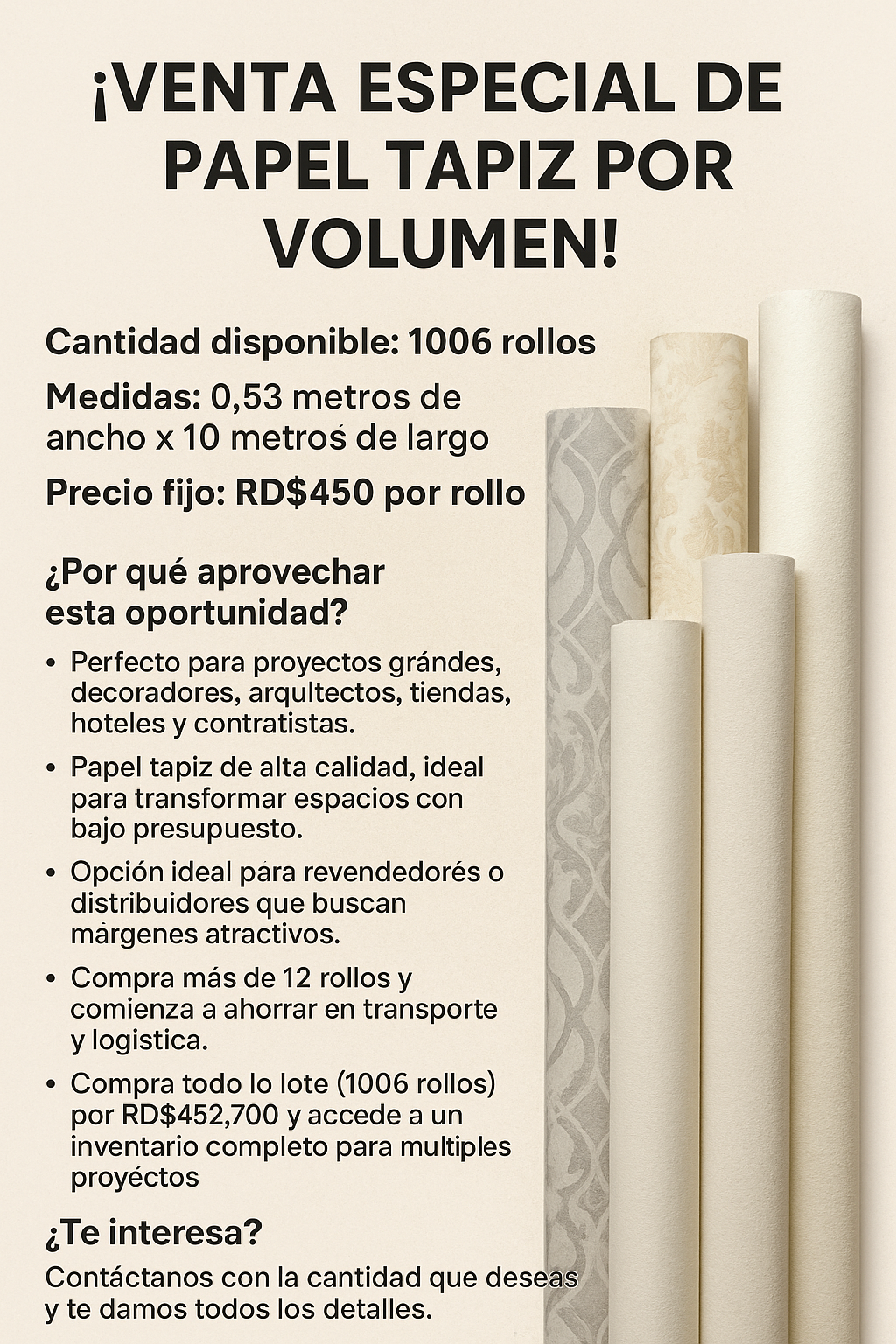 negocios en venta - Paquete de Papel Tapiz. 1,006 rollos por RD$452,70